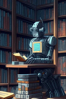 The library is serviced by computers, and there are many books on the shelves. The robot sits at the table and searches for books in the catalog in the computer Expression. High-quality drawing, 8K