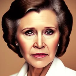 realistic analog style photography by Annie Leibovitz, photorealistic close up face of carrie fisher, soft ethereal skin, symmetrical short hairstyle,studio lighting, sharp brown eyes, dark plain background