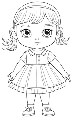 coloring page, cute realistic little doll playing, full view, coloring page, only draw lines, coloring book, clean line art, –no sketch, color, –ar 3:4, white background, minimalistic black lines, minimal black color, low level black colors, coloring page, avoid thick black colors, thin black line art, avoid colors, perfect shape, perfect clear lines,