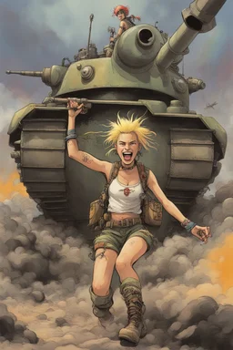 Climbing onto the tank's formidable frame, Tank Girl let out a triumphant laugh, her laughter a symphony of rebellion that resonated through the underground refuge. With a mischievous grin, she turned to the assembled crowd, her spirit infectious and her defiance unwavering. "Time to ride the rainbow, my friends!" she shouted, revving the tank's engine with a cacophonous roar. The cavern filled with the thunderous sound of machinery and the cheers of those who had come to witness the spectacle.