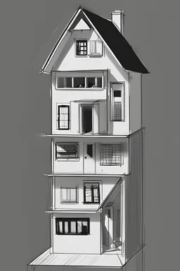 black and white sketch of a doll house with white background