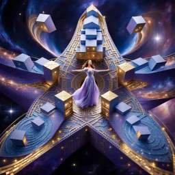 A surreal cosmic scene featuring an elegant woman in a flowing lavender and blue gown standing at the center of a massive five-pointed star-shaped platform floating in deep space. The star is constructed from intricate architectural elements - miniature buildings, geometric cubes, and stone blocks arranged in a mosaic pattern. Golden luminous trails and swirling energy ribbons spiral around the star's points. The background features a breathtaking nebula with purple, pink, and blue cosmic clouds