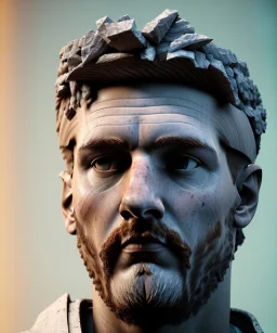 Gran angular, Realistic image, roman sculpture, marble material, Lionel Messi with Laurel wreath model, miguel angel style, emperador, God light, god rays, 4k resolution, perfect details, ornate details, soft lighting, unreal engine 5, soft cyan background.