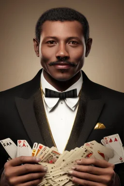 Dashing black man in a suit with gold trimmings. He's holding a deck of cards.