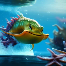 shiny sea creature splash in water, close up, unreal engine 5, 8k resolution, photorealistic, ultra detailed