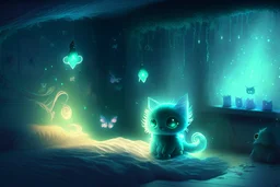 bioluminescent chibi cat fairy in a bedroom in starshine, mist