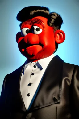 Waist up muppet Portrait, Kim Jong-un muppet doll, black suit, photo studio, red background, unreal engine 5, concept art, art station, god lights, ray tracing, RTX, lumen lighting, ultra detail, volumetric lighting, 3d.