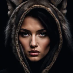 Portrait of a young woman, half the face of a human and half the face of a wolf