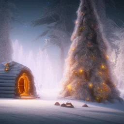 Mysterious christmas night, a small lonely hut, surreal atmosphere, cosmic backdrop, celestial ambience, soft lighting, very chilly appearance of the surroundings, unreal engine 5 volumetric lighting, intricate details, realistic style, 8k resolution