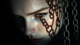 close up pale face with shadow dark gold eyes, , void, hyper-realistic detail, floats in deep darkness, deep blue abyss, shadow of chains is projected on her face, crepy stunning, dark, surreal vibe with meticulous clean pale skin dark golden eyes, dark shadow