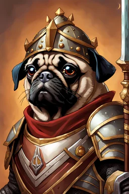 a detailed portrait of pug in armor with long magic staff illustrator, by justin gerard and greg rutkowski, digital art, realistic painting, dnd, character design, trending on artstation
