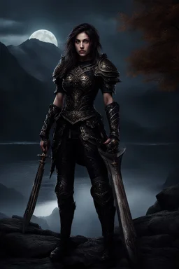 A formidable warrior girl in black armor, against the background of an amazing gloomy landscape, flooded with the light of two moons, mountains, trees, a fabulous scary landscape, juicy emotions, painting, dark fantasy, gloomy day, dark world, portrait, Gothic Town At Night, Fantasy, Intricate Details, Castle Courtyard Gardens, Hyper Detailed, by very detailed portrait mixing the fantastic muscular realism of Boris Vallejo, bringing together the artists Carne Griffiths