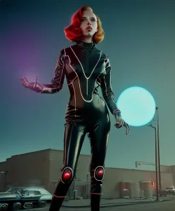 retro sci-fi portrait image from 1960, supermarket parking explosion, fire, classic black widow, young Scarlett Johansson, classic black tight lycra latex suit, retro superhero style, soft color, highly detailed, unreal engine 5, ray tracing, RTX, lumen lighting, ultra detail, volumetric lighting, 3d, finely drawn, high definition, high resolution.