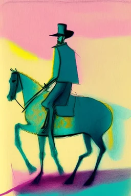 Man on horseback in the style of Paul Klee, Degas, pastel chalk with thin sketchy lines, vibrant colours, ink transfer