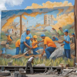 **Content Art:** A large-scale mural depicts a community ravaged by a storm, but coming together in the aftermath. Local heroes (disaster relief workers, everyday citizens) are shown working alongside international organizations (UNDP, WFP) to rebuild. The mural style can be a captivating blend of realism and symbolism, with vibrant colors representing hope and resilience. **Appearance:** Each of these gender neutral art ideas is designed to shed light on the critical work done by various organi