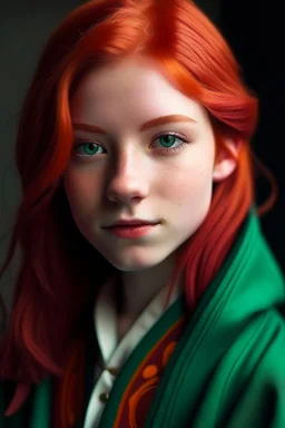 A girl with red hair and green eyes and she is wearing a Hogwarts robe