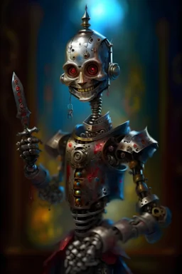 oil painting portrait of smirking robot vampire holding magical dagger, bokeh , high detail, smooth render, prize winning