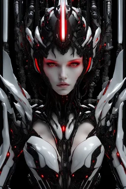 Beautiful Cyber Angel , her highly detailed, otherworldly appearance. Her porcelain-like skin is flawless and gleams with an ethereal glow, contrasting sharply with the deep black of her cybernetic armor. Her eyes are piercing through the darkness with their stunning red neon glow. They're framed by intricately designed cybernetic wings, crafted from a blend of shining metal and sleek, organic materials. The wings arch gracefully behind her, blending seamlessly into her armor. Her lips are accen