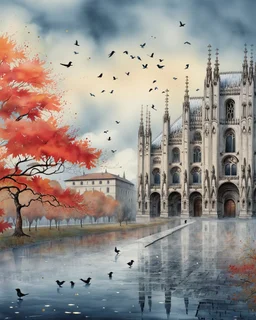 Milan Cathedral. Amanda Clark, Zdzisław Beksiński, Jacek Yerka and Yossi Kotler style mix, surreal whimsical autumn landscape, watercolor- fall foliage is almost over. A beautiful red maple clings to the last of its leaves and a flock of small birds nestled on its branches, watercolour and ink illustration, wet-on-wet, loose water effects, white, red and golden paint splatter, voronoi pattern, richly textured, fluffy clouds, beautiful vibrant colors, opalescent gradient. Modifiers: intricate bea
