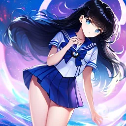 Clear focus, High resolution, girl wearing a purple sailor moon outfit, long fluffy black hair, blue eyes, wearing a sailor uniform skirt including color and length