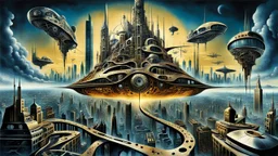 a stunningly weird image of a futuristic metropolis using Salvador Dali's paranoiac-critical method, where buildings and structures appear to melt into the skyline cityscape is filled with floating mad, twisted sharp metal shapes that interact with the buildings and each other, forming a surreal tableau of a dreamlike reality. neu-steampunk vibe, essence of the scene in a cinematic manner, with dramatic shadows that enhance the distorted perspectives and bizarre