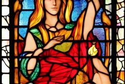 Cloaked woman holding fire, 8K, high body details, anatomically perfect bod, stained glass window