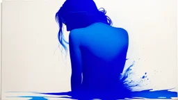 dissolving into tears: the women rear view, head bent forward, blue ink painting, , negative space