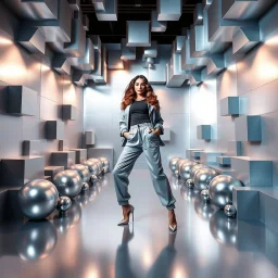 make a picture pretty stage made of metallic cyan-gray teme 3d fractal recursive cubic and sphere base structures and a beautiful fashion model lady posing with cute,with baggy style pants with a tight shirt and jacket,silver high heels ,makeup curvy long hair,dynamic camera zoom to full body and pan, dynamic lights.