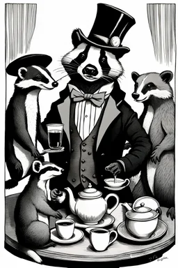 Anthropomorphic European badger wearing a monocle and tophat having a tea party with his animal buddies. Photograph.