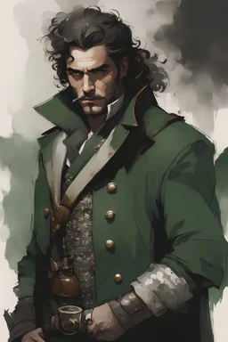 genasi fantasy pirate captain dressed in dark green heavy coat and metal chainmail shirt holding a smoking pipe by Florian Nicolle
