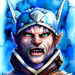 dnd, fantasy, watercolour, ilustration, halfling, artstation, realistic, ranger, leather armour, ice chunks, infused with elemental powers of water, portrait, face, glowing blue eyes, angry, vicious