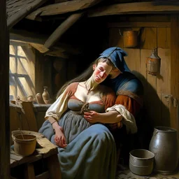 a medieval woman breastfeeding a man in a shed, oil painting,