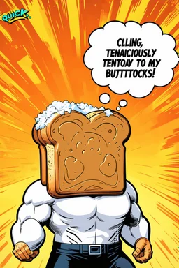 Powdered Toast man with a thought bubble that says "Quick, Man. Cling Tenaciously To My Buttocks!"
