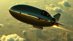 a high definition screen shot of a jet-fighter vw-beetle, blimp retrofuturistic, phototrealism, in flight, one subject,
