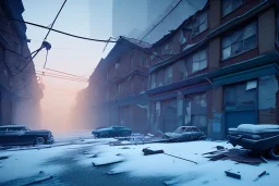 Michigan, streets of detroit, slums, snow, winter , run down, residental homes , destroyed buildings, unity, scriptable render pipeline , blue tone, volumetric , blue emission , fog , lighting.