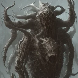 huge giant human hybrid parasite, future exoskeleton armor, black large hollow eyes horror cry, black open mouth, sweat dripping, screaming in anger, skulls on ground bones, horns