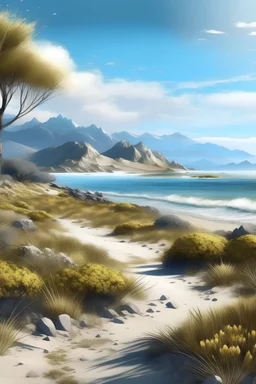 paisaje realista basado en la flora fauna argentina al borde de una playa con montañas nevadas de fondo en una tarde de verano al estilo de Faustino Brughetti