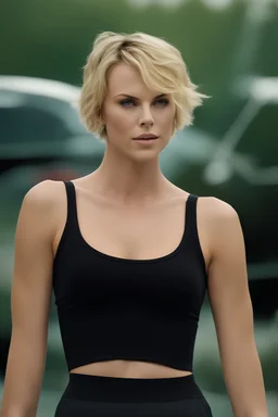 full color Portrait of 18-year-old prude Charlize Therone, with short, pixie-cut blonde hair, tapered on the sides, wearing a black cotton sports bra and short - well-lit, UHD, 1080p, professional quality, 35mm photograph by Scott Kendall
