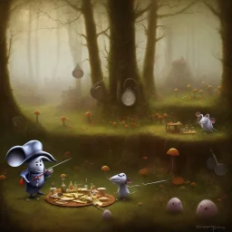 A Plague Doctor (AND) a Mouse having a port & cheese party in a forest of mushrooms by a river, art by Pixar and Dreamworks