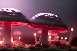photoreal close-up of a gorgeous floating mushroom with glowing butterflies in low hanging red fog by lee jeffries, octane render, 8k, high detail