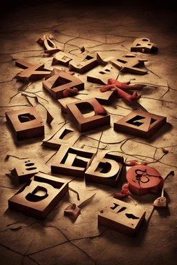 Vintage toy Letter Blocks on ground line up to spell "DEAD", creepy playroom dim reddish light, spiderwebs, opulent shadows concealing sinister figures, sinister, eerie lighting, digital art, hyperrealism,