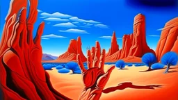 Paisaje onírico desértico con una pared de arcilla roja que tiene ventanas rectangulares por donde asoman manos humanas gigantes con dedos entrelazados de forma imposible, estilo surrealismo clásico con cielos de color azul cobalto profundo.