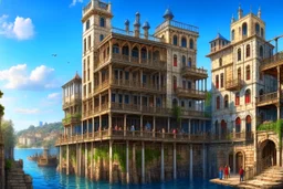 medieval buildings with balconies overhanging lake edge with blue sky and people, photorealism, fantastical, intricate detail, splash screen, concept art