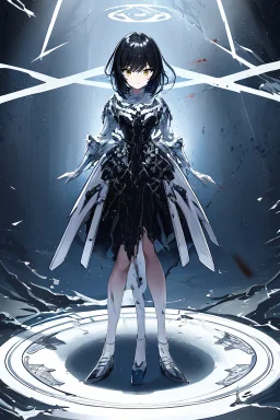 Anime girl with short black hair and sharp green eyes, holding a pike, full body black and white metal plate armour, full body shot, Dramatic lighting,1woman, soaked in blood, standing pose, close shot, lean body,