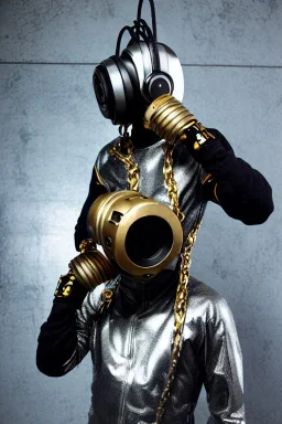 Metallic Cyber-punk style man with camera-mask and old AKG-style headphones with golden rings. Fencing mask covers man's cheeks. Good body shape. Reflective plastic. Body and head full of integrated old-fashioned cameras. Ancient silver telephone attached to perfect body, trunk. Euclidean 3D-tiling, Escher tiling, background. Cables from shoulder, connect. Daft Punk, Tron&Matrix movies, black leather jacket, tippet. Cyan latex areas in black leather surfaces body. 1990's. Trypophobia, moth eyes