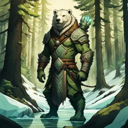 create a full body portrait of a kobold ice bear man , with highly detailed, sharply lined facial features, in the deep forest of Brokilon , finely inked, in rustic colors, 4k in the style of Peter Mohrbacher