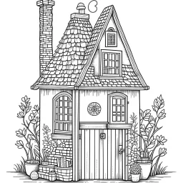 A fairy house with a bookshelf and a fireplace, coloring page, exact shape, real image, minimal lines, white back ground color, real style, realistic, minimalistic, minimal black line art, line art, crisp line art, unique coloring sheet, outlined, outline, crisp, crisp line edges, illustration, thin lines, crisp clear lines, line art, clean line art, unique, 8k, no colors, no dark color, no black color, avoid thick black, minimalistic line edges, pure white back ground,