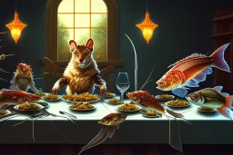 supper, fish sit at the table and eat pieces of people.