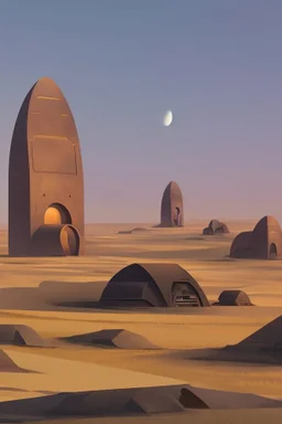 many alien buildings, in the desert, surrounded by acacia trees, dunes, pathways, roads, mountains, blue sky