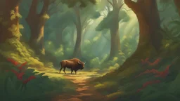 The image in the article depicts a lush, tropical forest in all its natural beauty. The picture reveals towering oak trees and a variety of vibrant, tropical plants. Sunlight filters through the branches, casting a mesmerizing play of light and creating a rich tapestry of colors and beautiful shadows. In the distant corner of the image, you can spot some of the wildlife, such as European bison, bears, and colorful butterflies, highlighting the unique environmental diversity of this forest. The